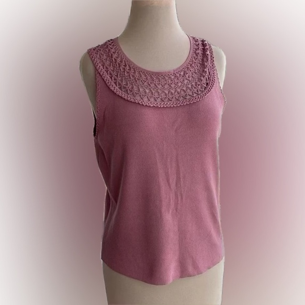 Dana Buchman Women's Pink Sleeveless Top With Crochet Neck, Size Petite Large